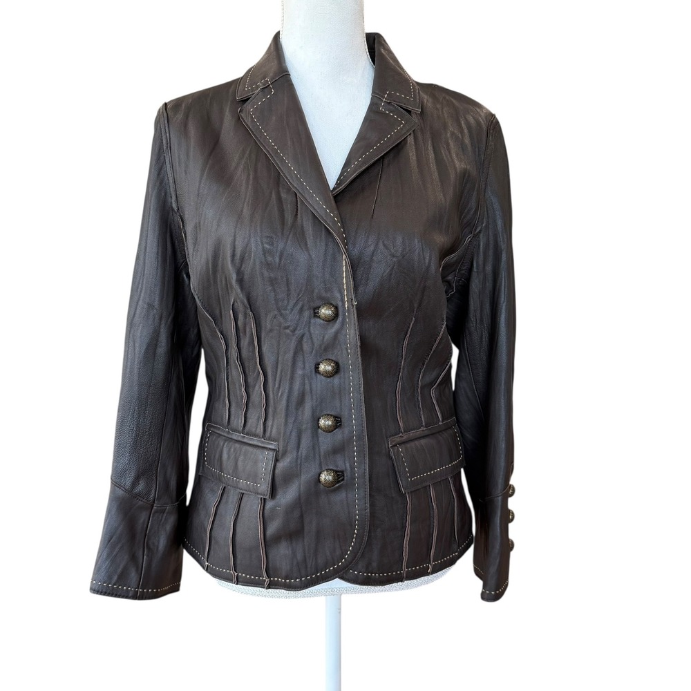 INC International Concepts Brown Leather‎ Jacket Blazer Size Large Lined